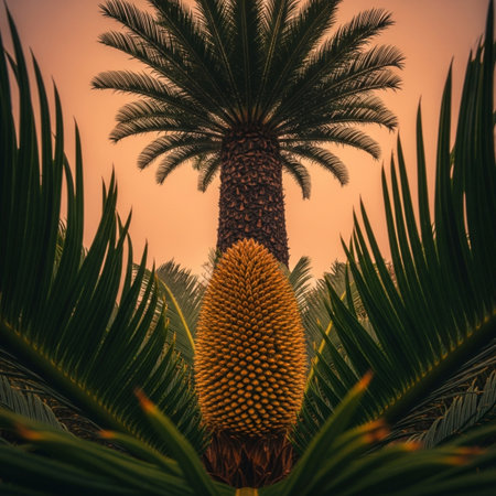 Palm tree in the garden at sunset. Vintage style toned pictureの素材