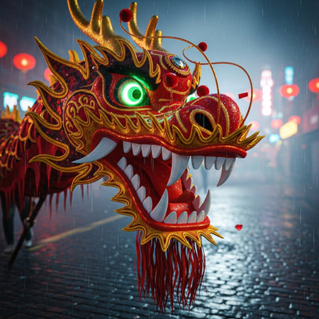 Chinese dragon statue in the street, closeup of photo, 3d renderingの素材