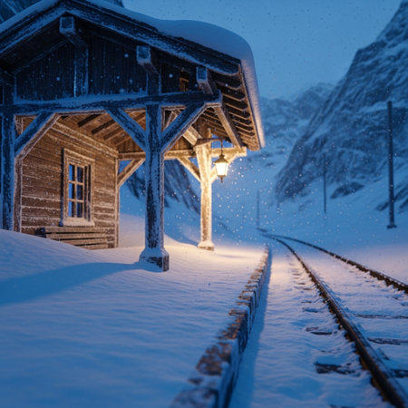 Railway station in the mountains at winter time. Ski resort in the Alps.の素材