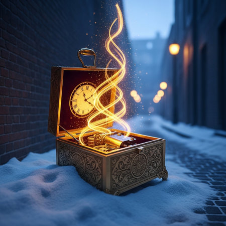 Retro alarm clock in a wooden box on a winter city street backgroundの素材