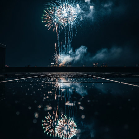Beautiful firework with reflection on water at night for celebration.の素材