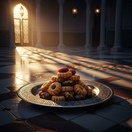 Arabic sweets in a plate on a table in the rays of the sunの素材