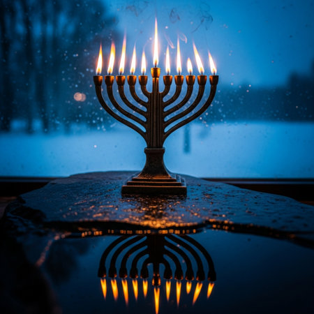 Jewish holiday Hanukkah with menorah (traditional candelabra) and burning candles on the window at night.の素材