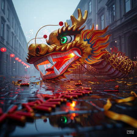 Dragon statue in the city. 3d rendering. Computer digital drawing.の素材