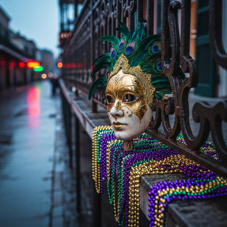 Traditional venetian carnival mask with colorful beads on the bridgeの素材
