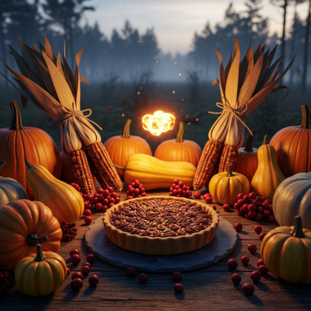 Autumn still life with pumpkins, corn and berries on a wooden tableの素材