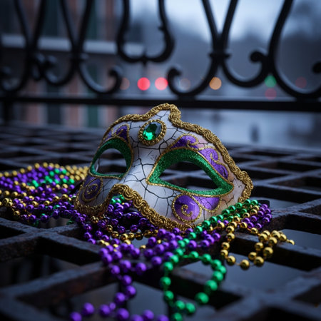 Traditional Venetian carnival mask with beads on the street.の素材