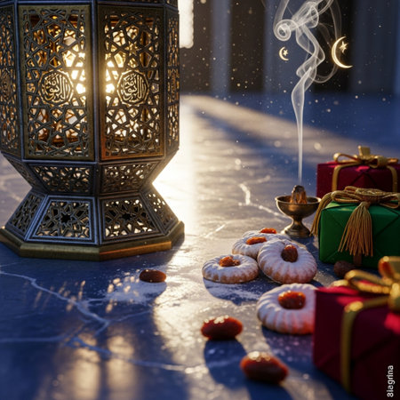 Ramadan Kareem greeting card. Muslim feast of the holy month of Ramadan Kareem. Festive background with lantern and cookies.の素材