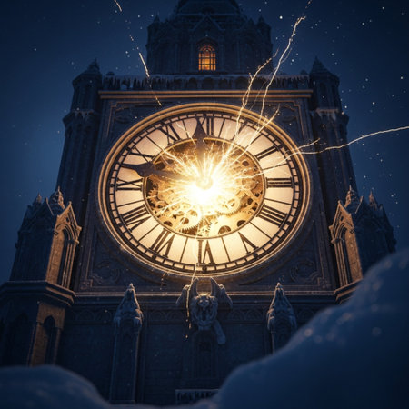 Glowing clock in the snow, London, United Kingdom. Christmas backgroundの素材