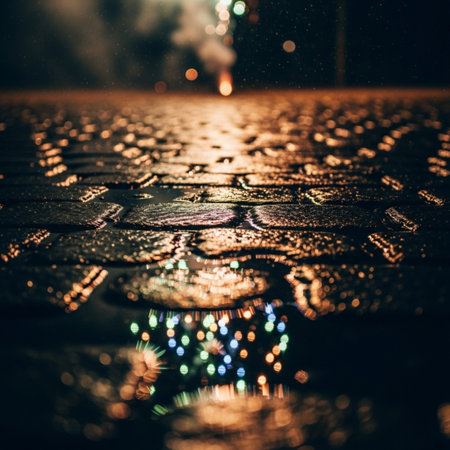 Raindrops on the pavement in the city at night. Abstract background.の素材