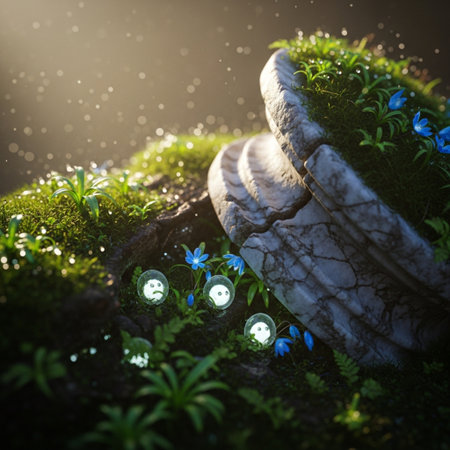 Fantasy landscape with green moss, stone, flowers and butterflies.の素材