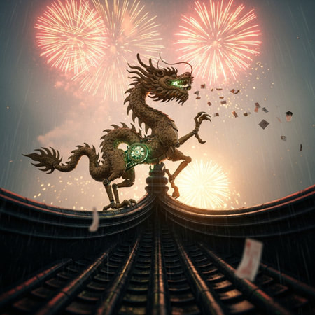 Chinese dragon and fireworks on the roof of a temple in China.の素材