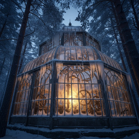 A greenhouse in the middle of the forest at night in winter.の素材