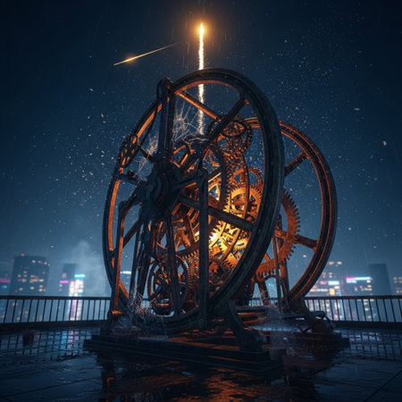 3d illustration of a cogwheel in the city at night.の素材