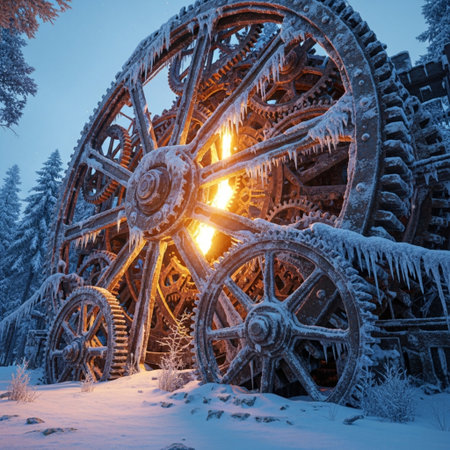 Old wooden wheel in winter forest at sunset. Beautiful winter landscape.の素材