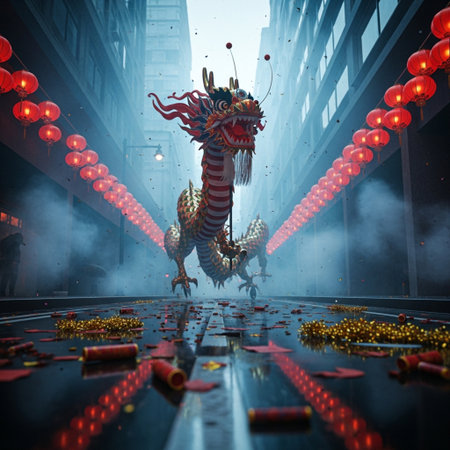 Chinese dragon with lanterns in the city. 3D rendering.の素材