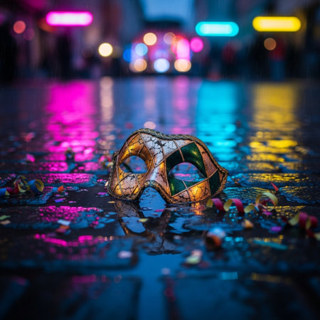 Colorful carnival mask on wet asphalt in night city. Selective focusの素材