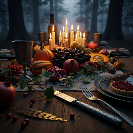 Autumn table setting with pumpkins, apples, grapes, pomegranate and candles on wooden table.の素材