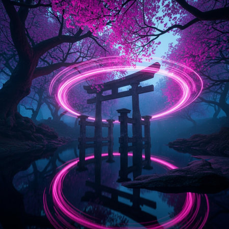 Beautiful japanese Torii gate with neon light in the forestの素材