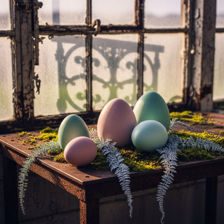 Easter eggs on a window sill with a view of the countrysideの素材