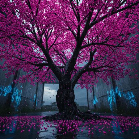 3D rendering of a tree with pink flowers in a puddleの素材