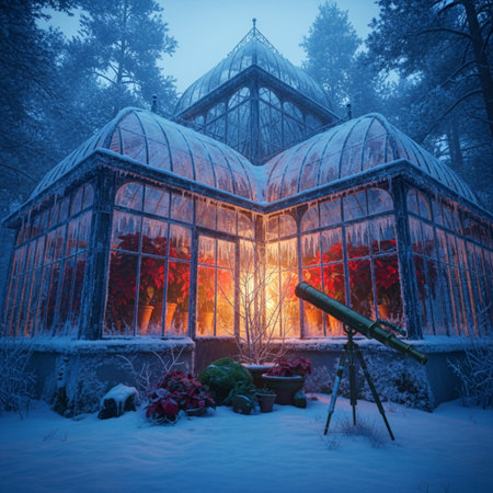Beautiful greenhouse in the winter forest at night with a telescope.の素材