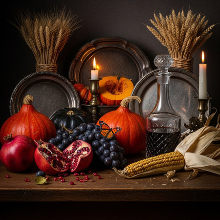 Still life with pumpkins, grapes, corn and wine on dark backgroundの素材