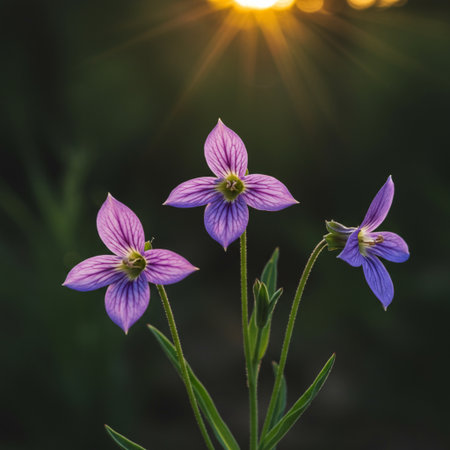 purple flowers in the rays of the setting sun. spring backgroundの素材