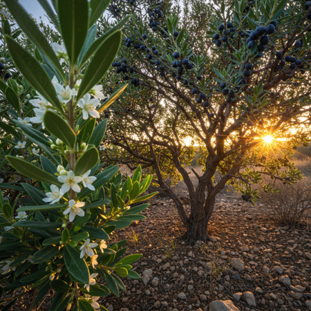 Olive tree with ripe olives at sunset. Olive grove in Cyprus.の素材