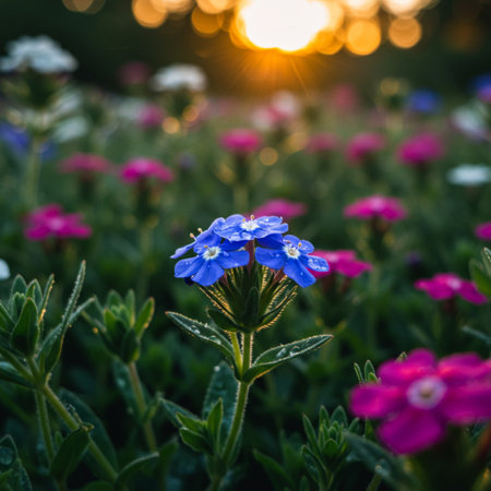 Beautiful blue and pink flowers in the garden at sunset time.の素材