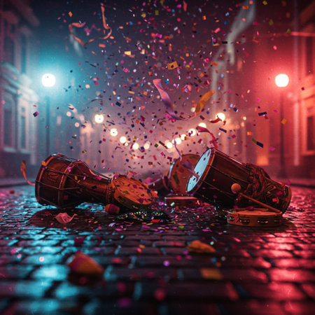 Drums and confetti on the street at night. Music concept.の素材