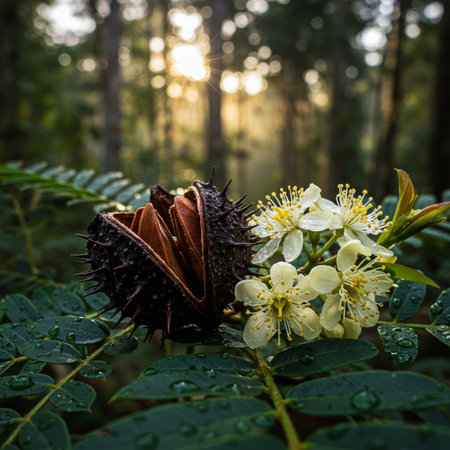 Close up of chestnut with flower in the forest. Shallow depth of fieldの素材