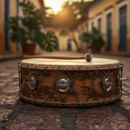 Old drum on the cobblestone street in the old town. Selective focus.の素材