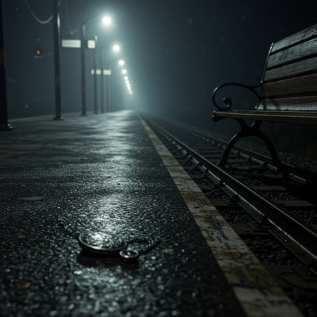 A lonely bench in the middle of a foggy street at nightの素材
