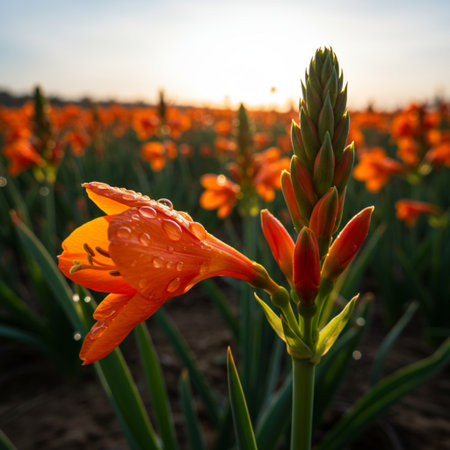Orange Crocosmia flower in the field at sunset, Thailand.の素材