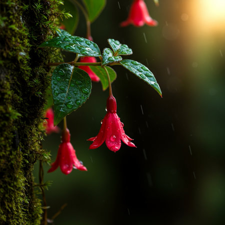 Red fuchsia flower in rain drops on the green nature backgroundの素材