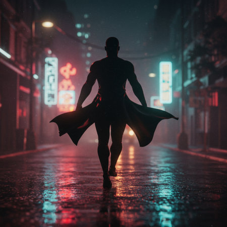 Superhero with cape running on the street at night. 3d renderingの素材