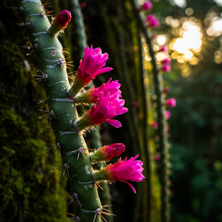 Cactus with pink flowers blooming in botanical garden, Thailand.の素材