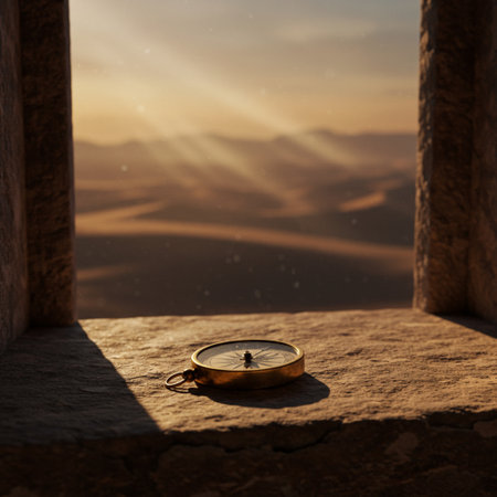 Compass on the window in the desert at sunset. Travel conceptの素材