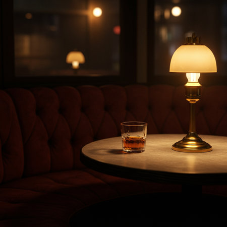 A glass of whiskey on a table in a bar at night.の素材