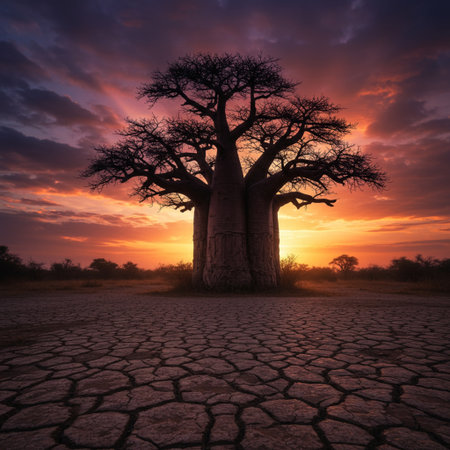 Sunset over baobab tree in Namibia, Africa.の素材