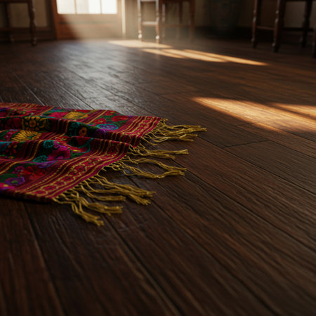 Thai silk handkerchief on wooden floor with sunlight and shadowの素材