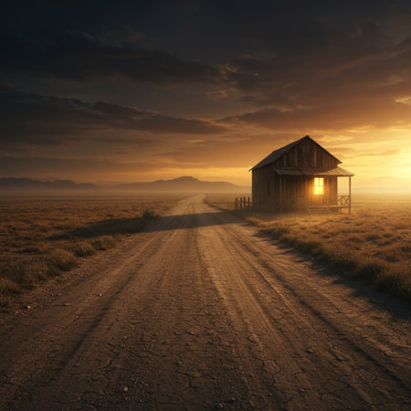 Old barn on the road in the desert at sunset. 3d renderの素材