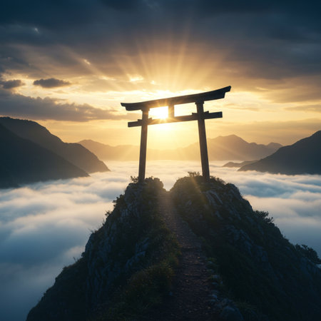 Silhouette of torii gate at the top of a mountain during sunriseの素材