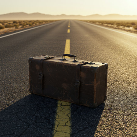 Luggage on the road in the desert. Conceptual image.の素材