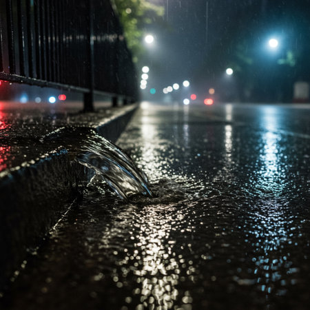 Rain drops on the road at night. Shallow depth of field.の素材