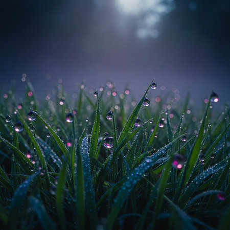 Fresh grass with dew drops close up. Morning dew backgroundの素材