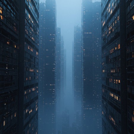 Abstract background of skyscrapers in the fog. 3d renderingの素材