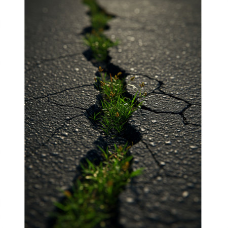 Green grass growing through crack in asphalt road. Isolated on white background.の素材
