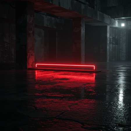 Red neon light in dark abandoned building. 3D render illustration.の素材